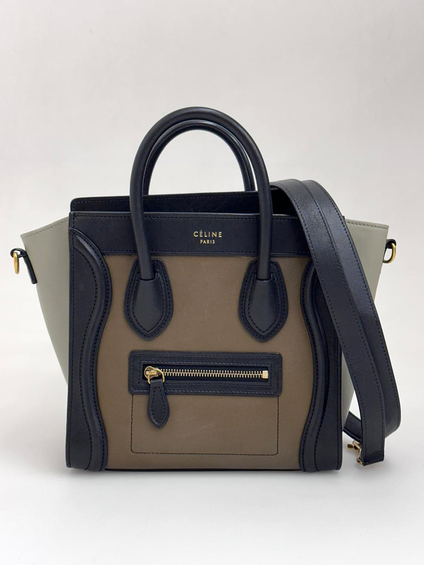 Céline Borsa Luggage Nano in Pelle Verde Militare, Salvia e Nero