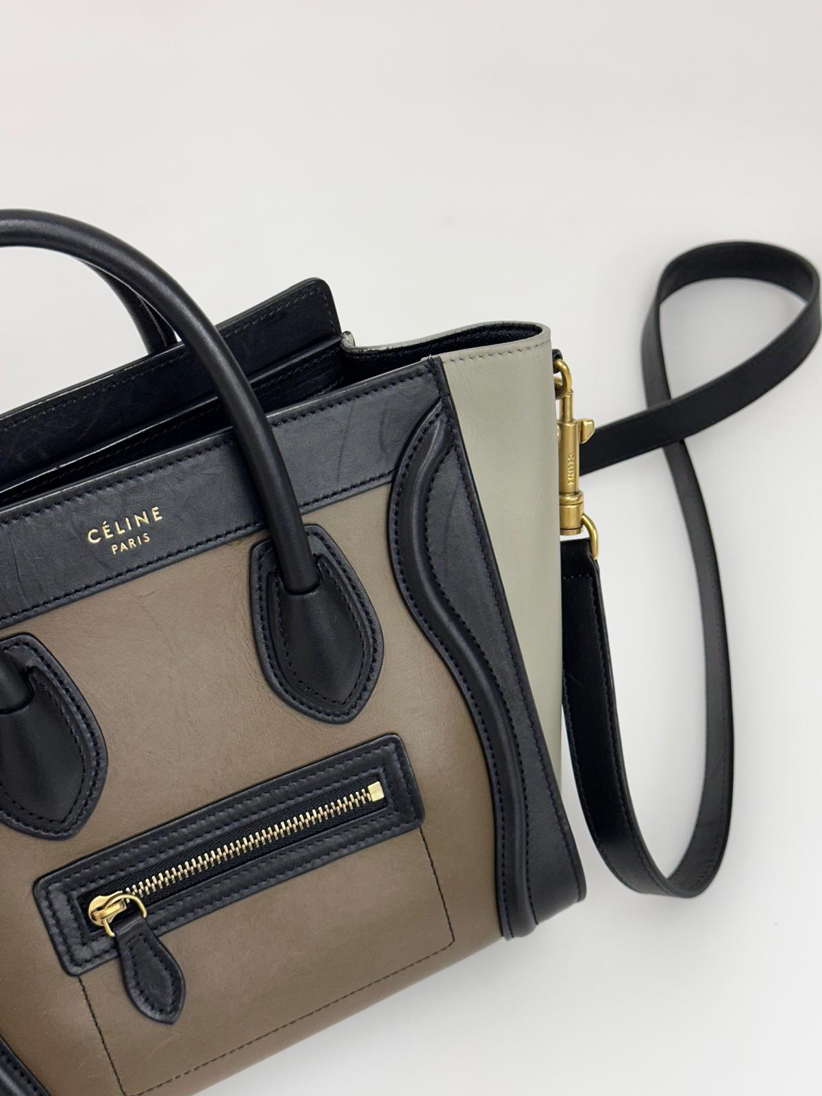 Céline Borsa Luggage Nano in Pelle Verde Militare, Salvia e Nero