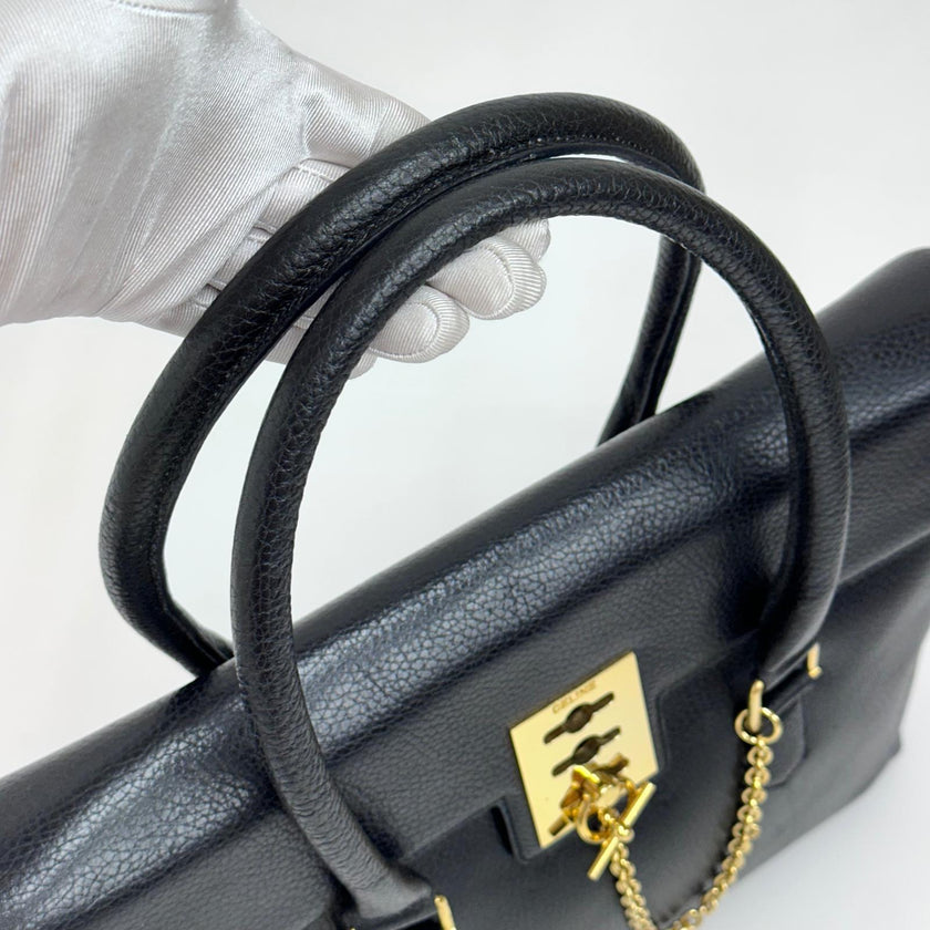Céline Borsa a mano in pelle nera vintage con chiusura bijoux oro