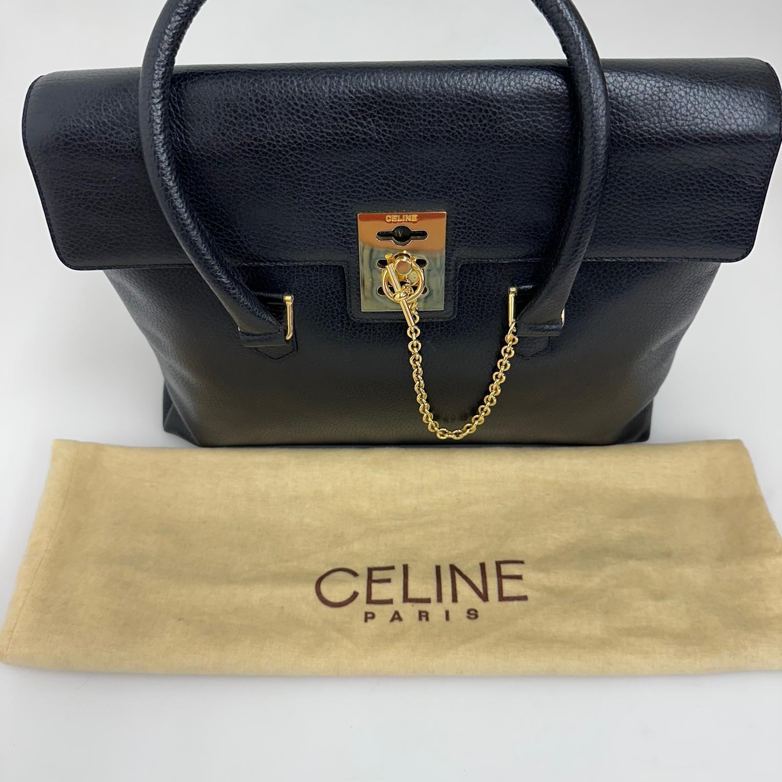 Céline Borsa a mano in pelle nera vintage con chiusura bijoux oro