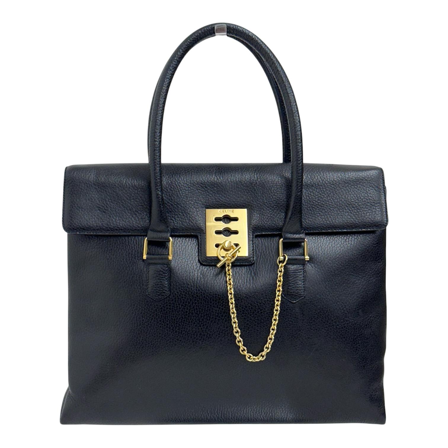 Céline Borsa a mano in pelle nera vintage con chiusura bijoux oro