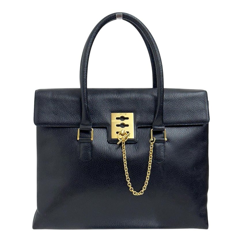 Céline Borsa a mano in pelle nera vintage con chiusura bijoux oro