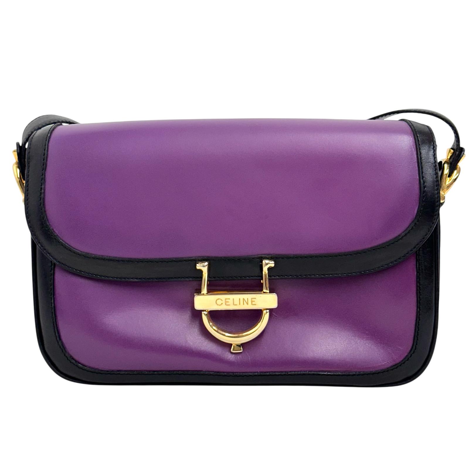 Céline Borsa a spalla vintage in pelle viola con chiusura logo dorata