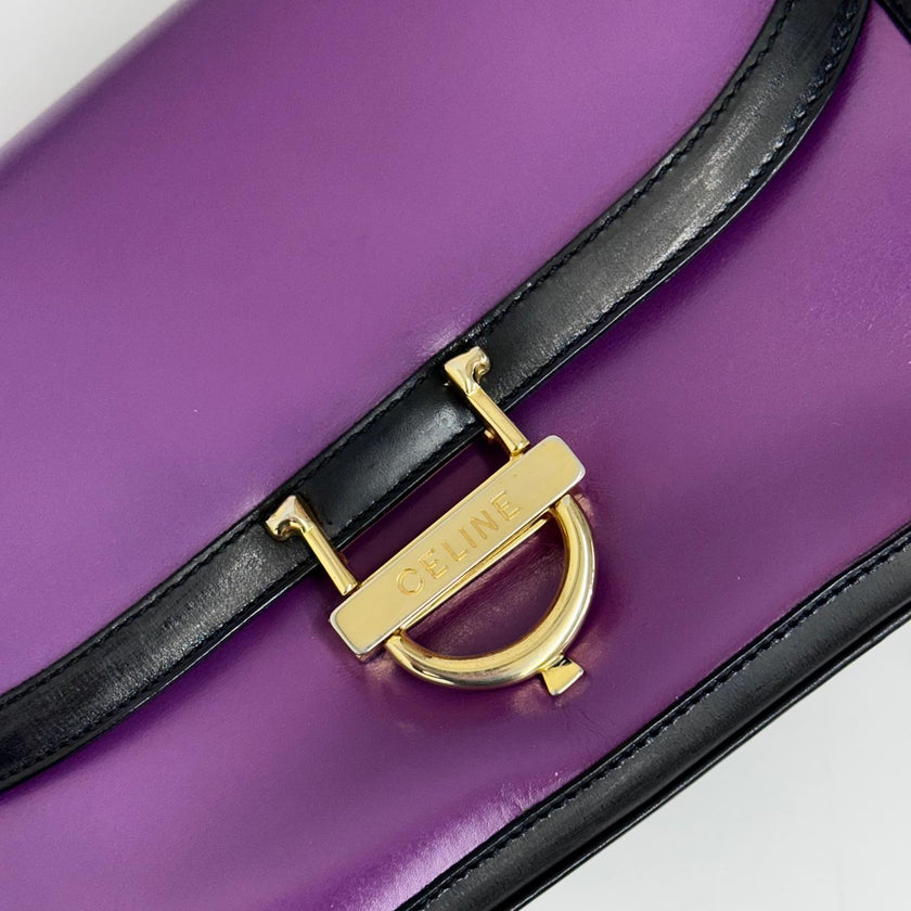Céline Borsa a spalla vintage in pelle viola con chiusura logo dorata