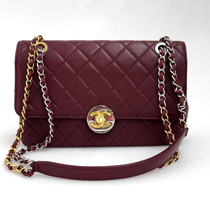 Chanel Borsa Classica Single Flap in Pelle Bordeaux con Finiture Bicolore Oro e Argento