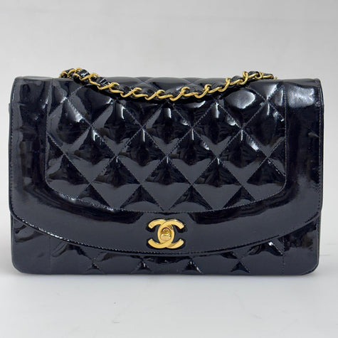 Chanel Borsa Diana Vintage in Vernice Nera Matelassé
