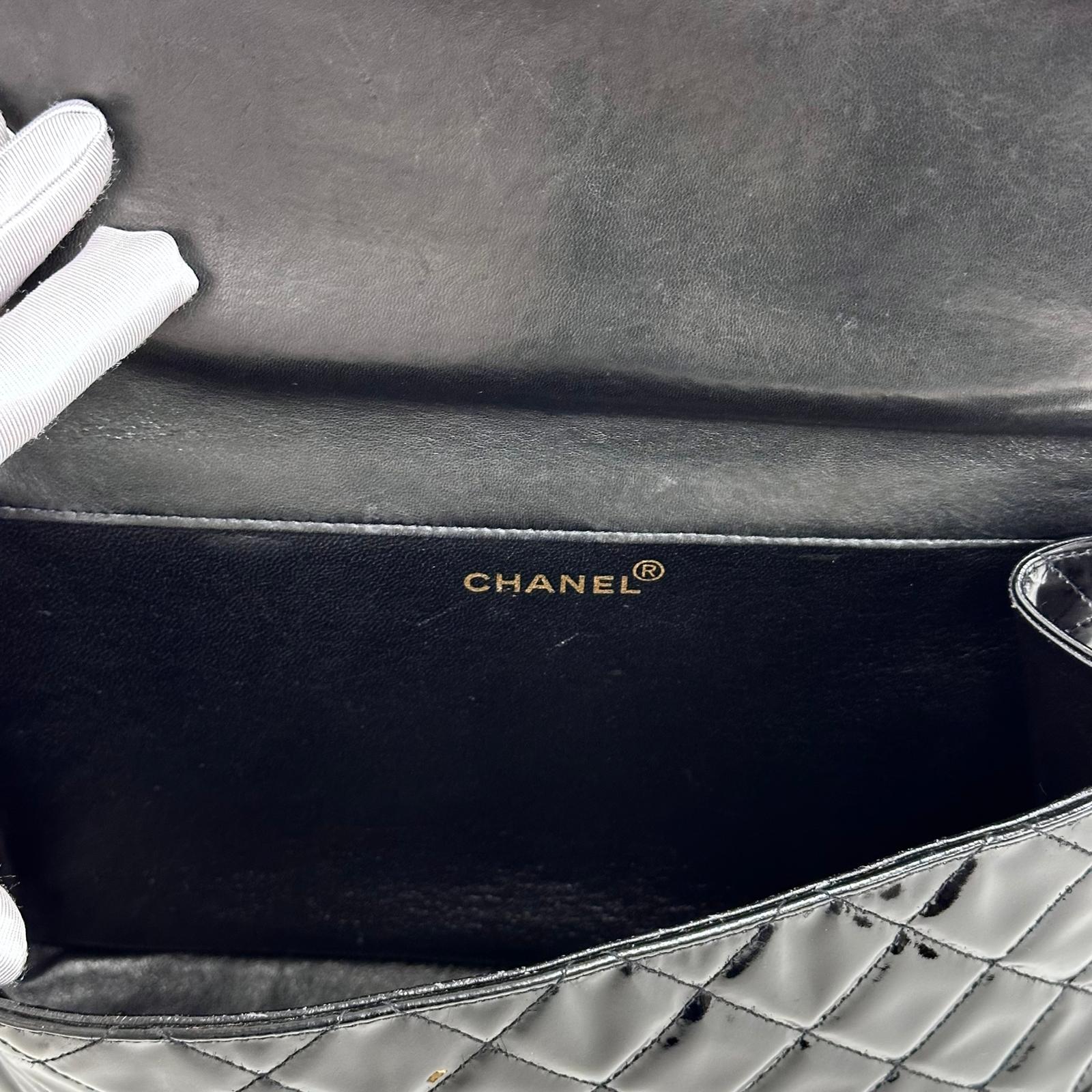 Chanel Borsa Double Flap 30 cm in pelle verniciata nera vintage 1996-1997