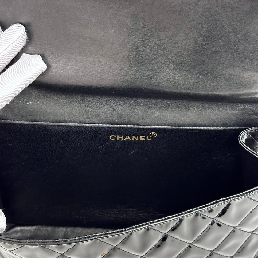 Chanel Borsa Double Flap 30 cm in pelle verniciata nera vintage 1996-1997
