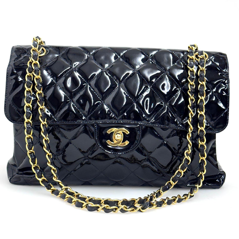 Chanel Borsa Double Flap 30 cm in pelle verniciata nera vintage 1996-1997