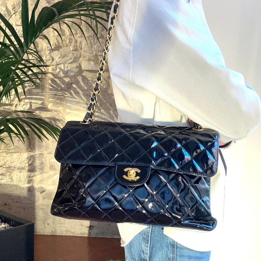 Chanel Borsa Double Flap 30 cm in pelle verniciata nera vintage 1996-1997
