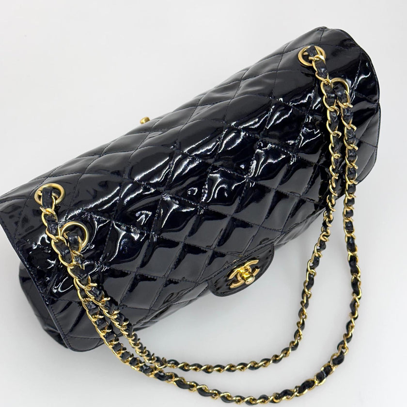 Chanel Borsa Double Flap 30 cm in pelle verniciata nera vintage 1996-1997