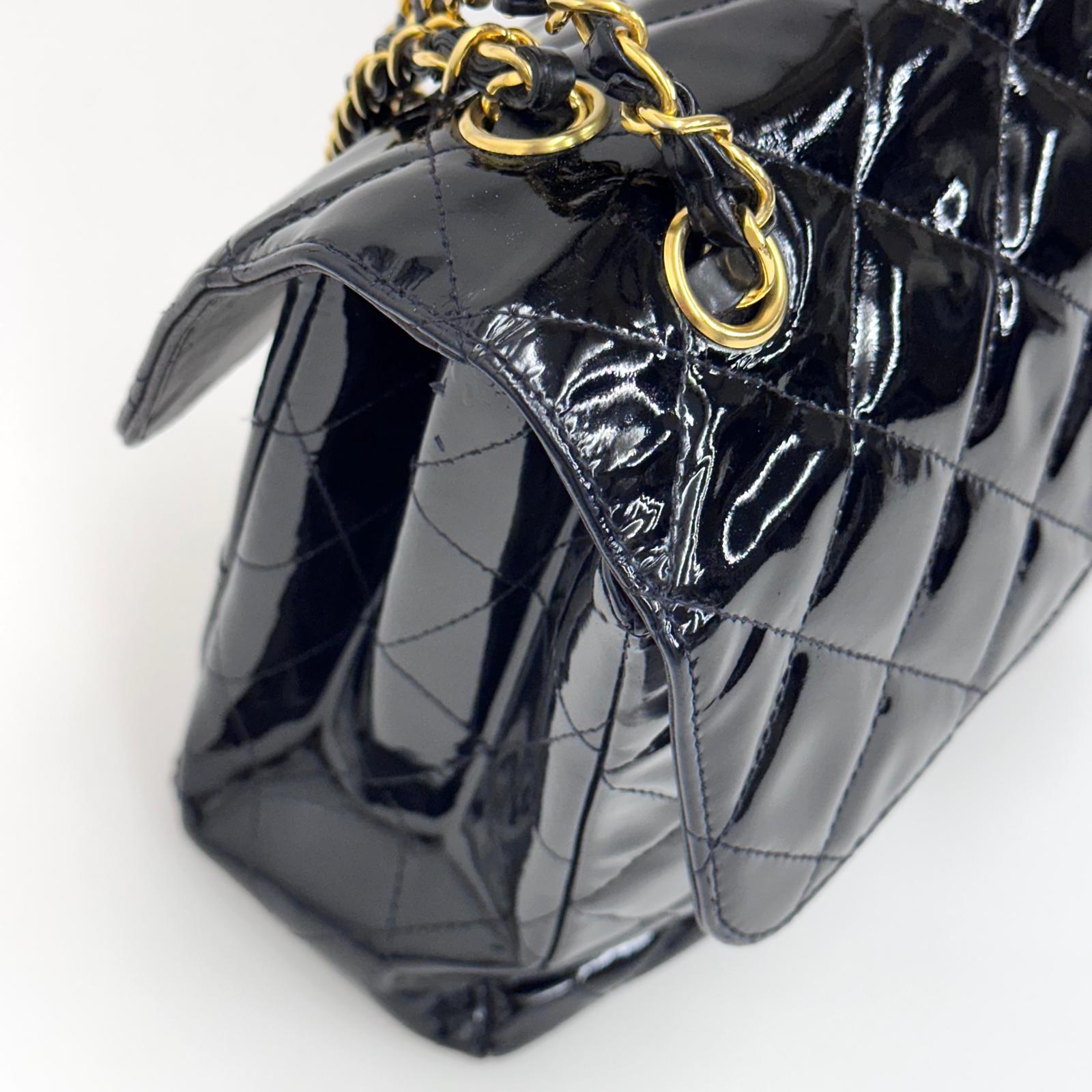 Chanel Borsa Double Flap 30 cm in pelle verniciata nera vintage 1996-1997