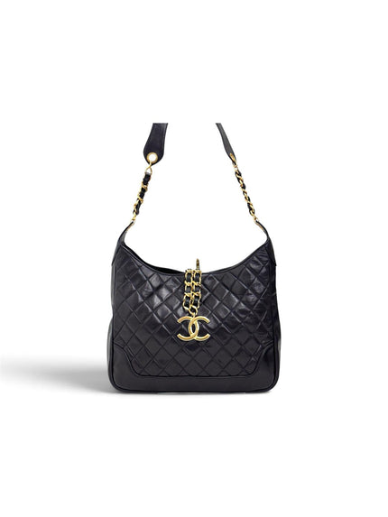 Chanel Borsa Hobo Vintage Matelassé Nera con Maxi Logo CC Dorato