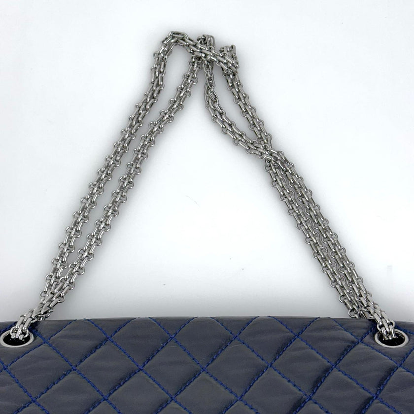 Chanel Borsa Reissue 2.55 mis. 30 in Pelle Blu Navy con Hardware Argentato