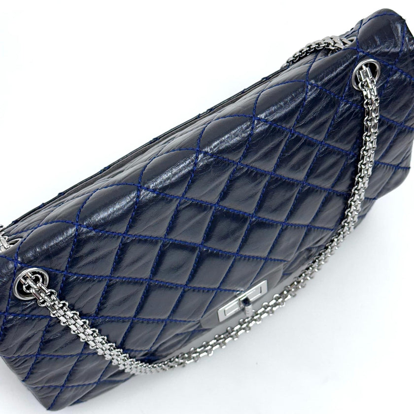 Chanel Borsa Reissue 2.55 mis. 30 in Pelle Blu Navy con Hardware Argentato