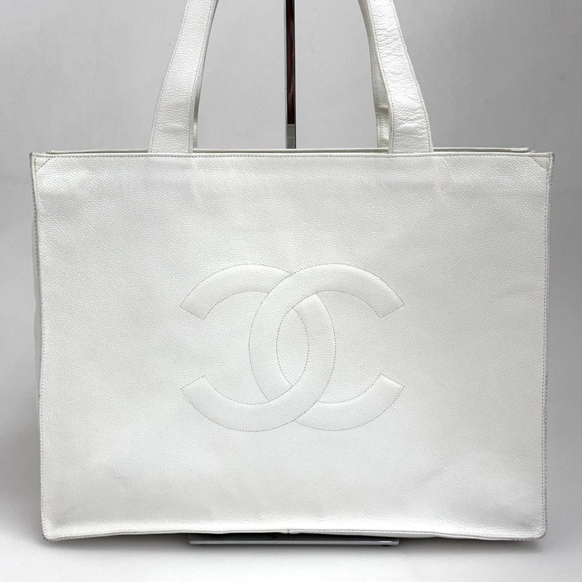 Chanel Borsa Shopping Tote CC Caviar Bianca
