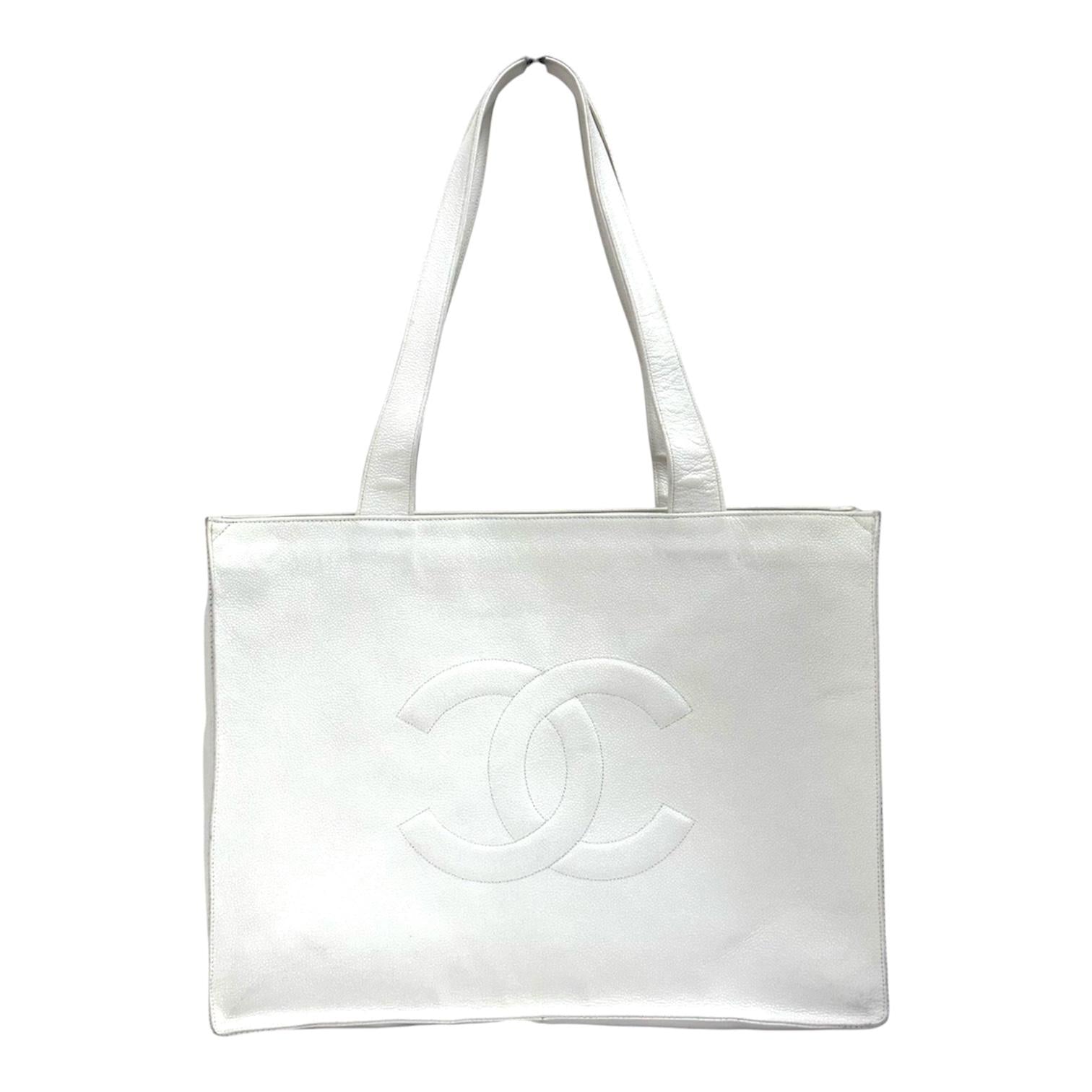 Chanel Borsa Shopping Tote CC Caviar Bianca