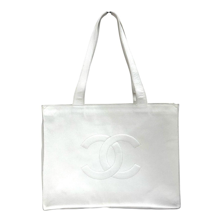 Chanel Borsa Shopping Tote CC Caviar Bianca