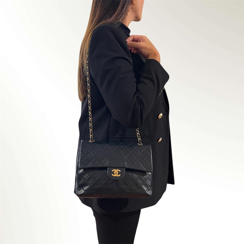 Chanel Borsa Vintage Timeless Classica 25 Doppia Patta a Due Vie in Pelle Nera