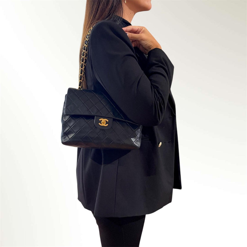 Chanel Borsa Vintage Timeless Classica 25 Doppia Patta a Due Vie in Pelle Nera
