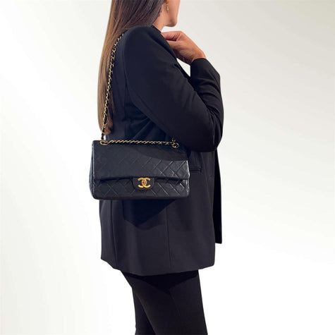 Chanel Borsa Vintage Timeless Classica 25 Doppia Patta in Pelle di Agnello Nera
