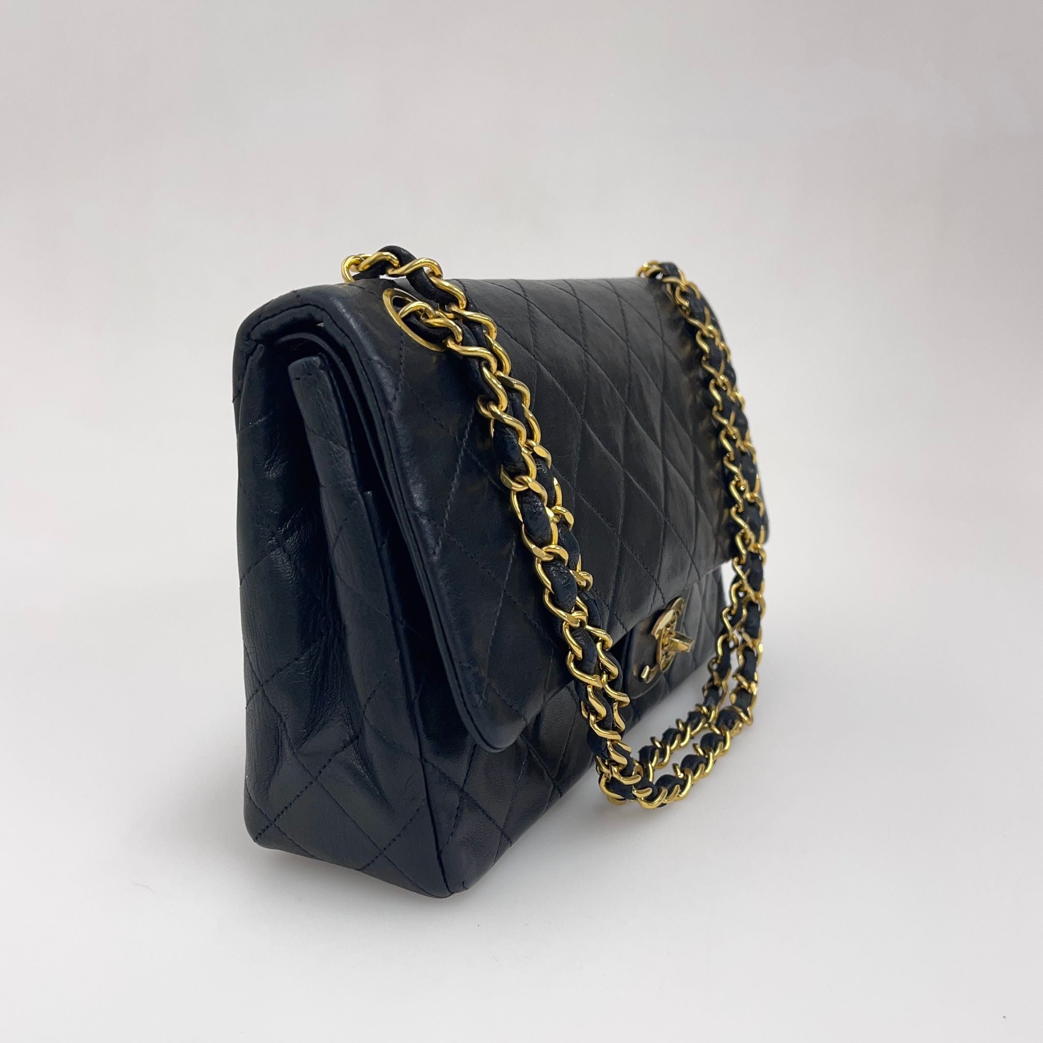 Chanel Borsa Vintage Timeless Classica 25 Doppia Patta in Pelle di Agnello Nera