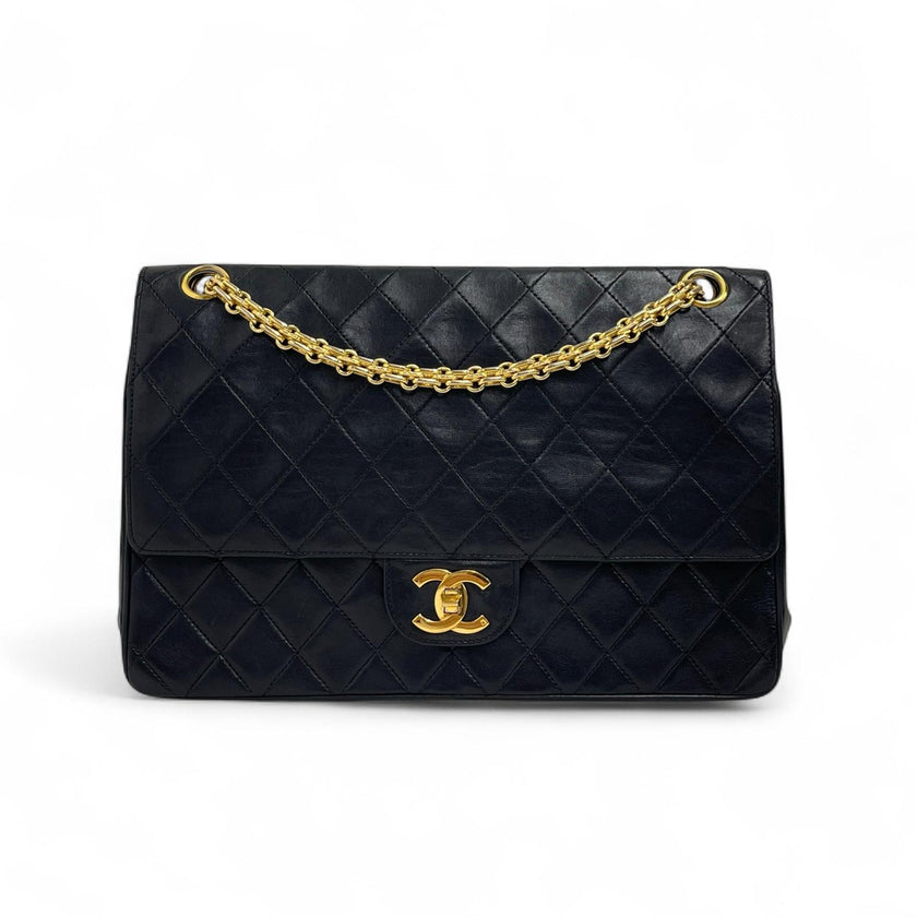 Chanel Borsa Timeless Classica Vintage 27 Doppia Patta in Pelle di Agnello Nero