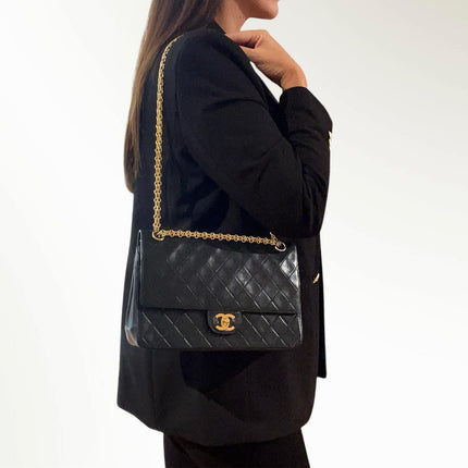 Chanel Borsa Timeless Classica Vintage 27 Doppia Patta in Pelle di Agnello Nero