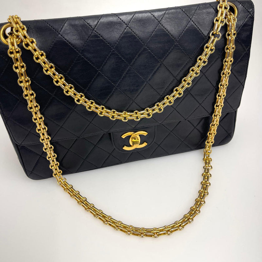 Chanel Borsa Timeless Classica Vintage 27 Doppia Patta in Pelle di Agnello Nero
