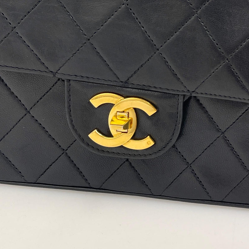 Chanel Borsa Timeless Classica Vintage 27 Doppia Patta in Pelle di Agnello Nero