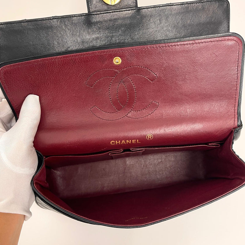 Chanel Borsa Timeless Classica Vintage 27 Doppia Patta in Pelle di Agnello Nero