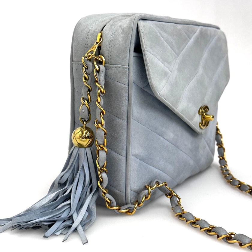 Chanel Borsa a Spalla Camera Bag in Pelle Scamosciata Celeste