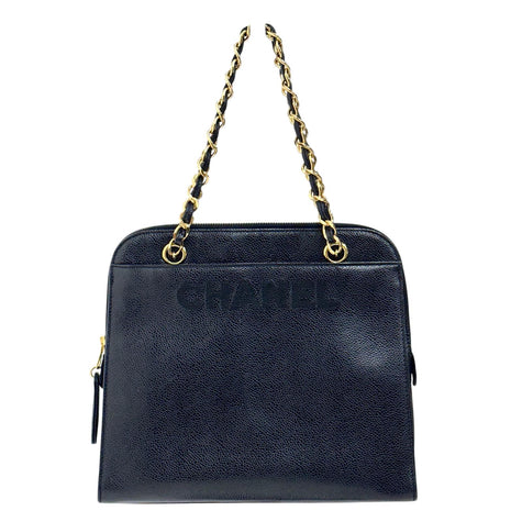 Chanel Borsa a mano in pelle caviar nera con logo frontale in pelle Caviar e oro