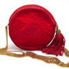 Chanel Vintage Round Tassel Borsa in Raso Rosso Trapuntato con Catena Oro e Strass