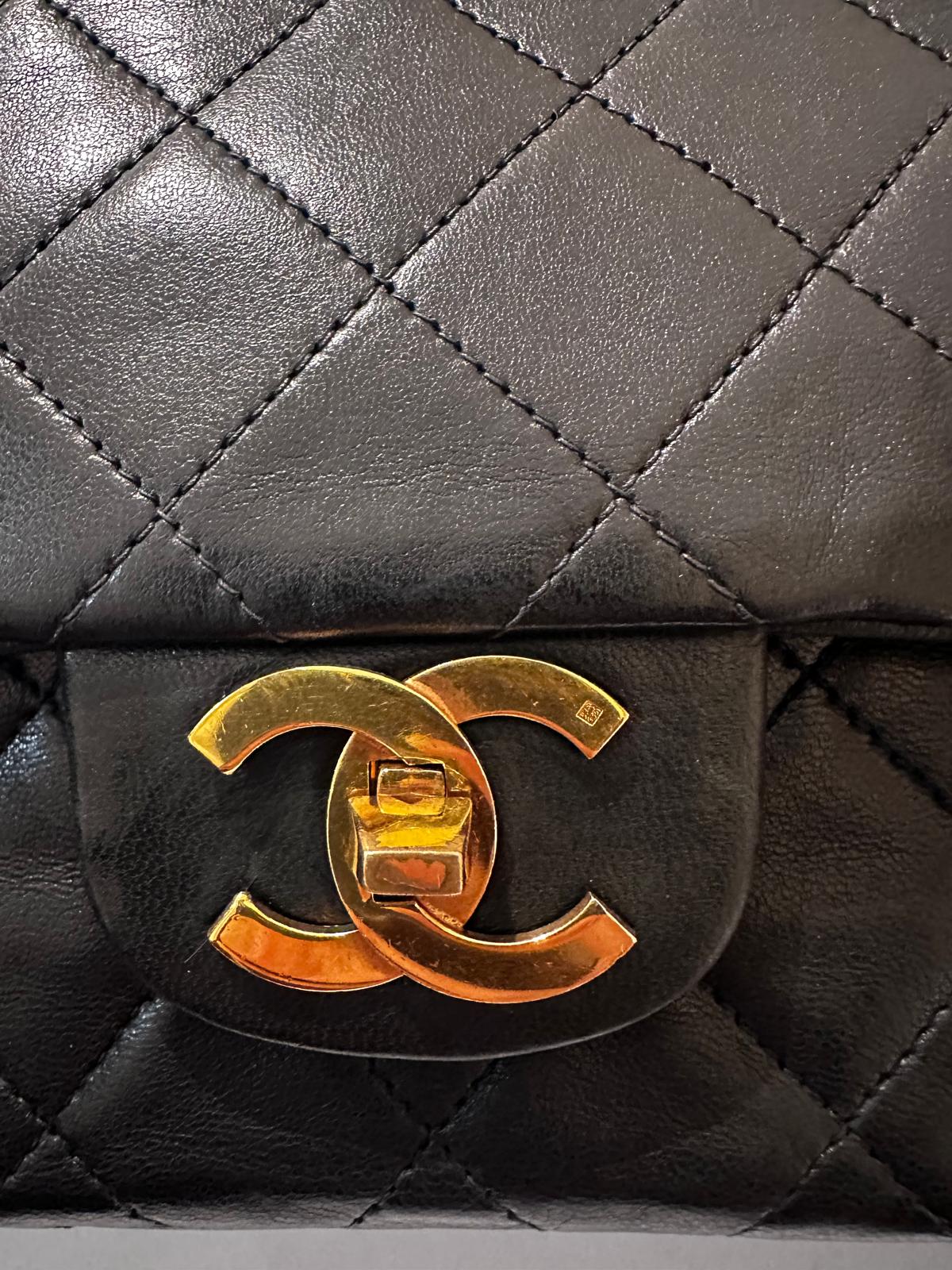 Chanel Borsa Vintage Timeless Classica 25 Doppia Patta in Pelle di Agnello Nera