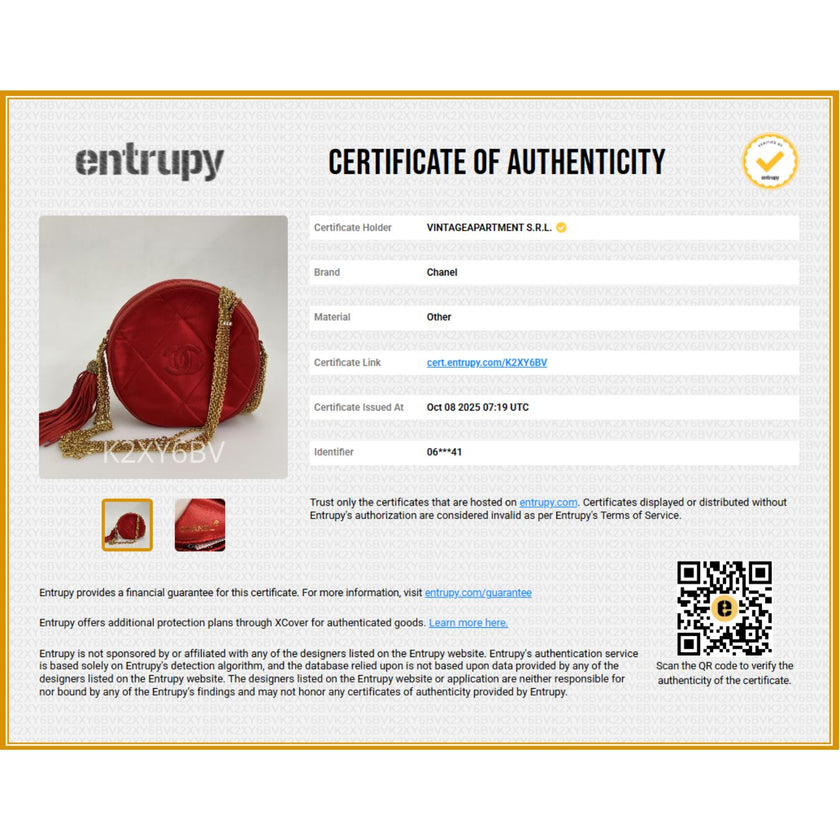 Chanel Vintage Round Tassel Borsa in Raso Rosso Trapuntato con Catena Oro e Strass