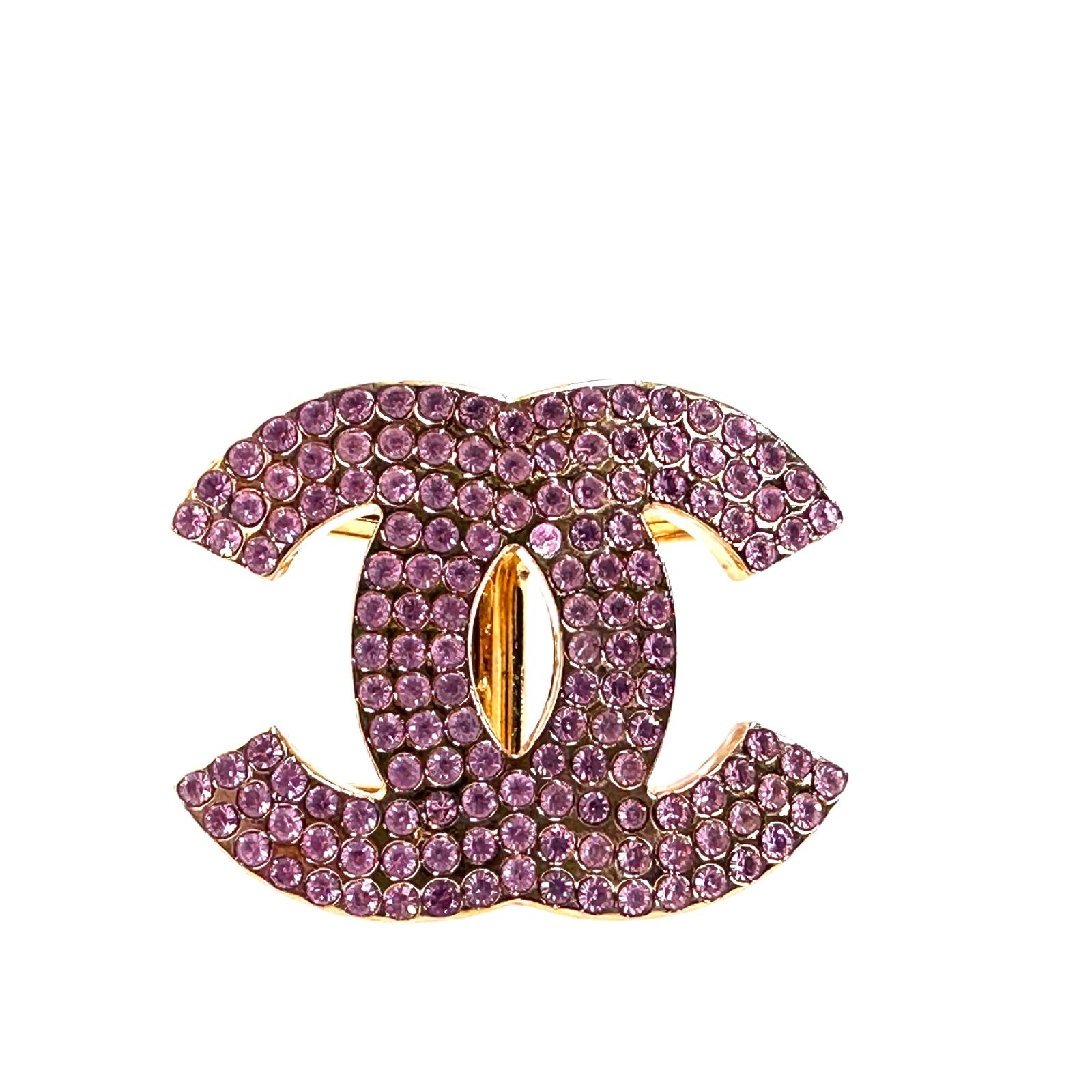 Chanel ferma foulard in metallo dorato con pavé di cristalli rosa anno 2002