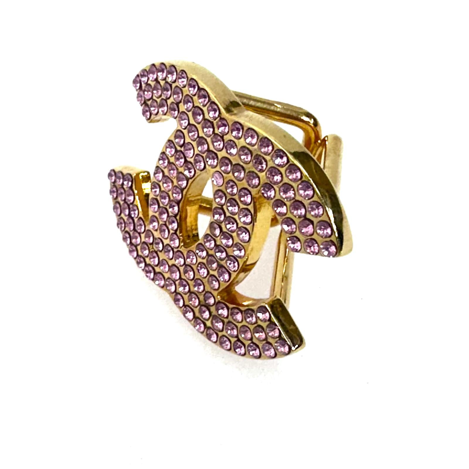 Chanel ferma foulard in metallo dorato con pavé di cristalli rosa anno 2002