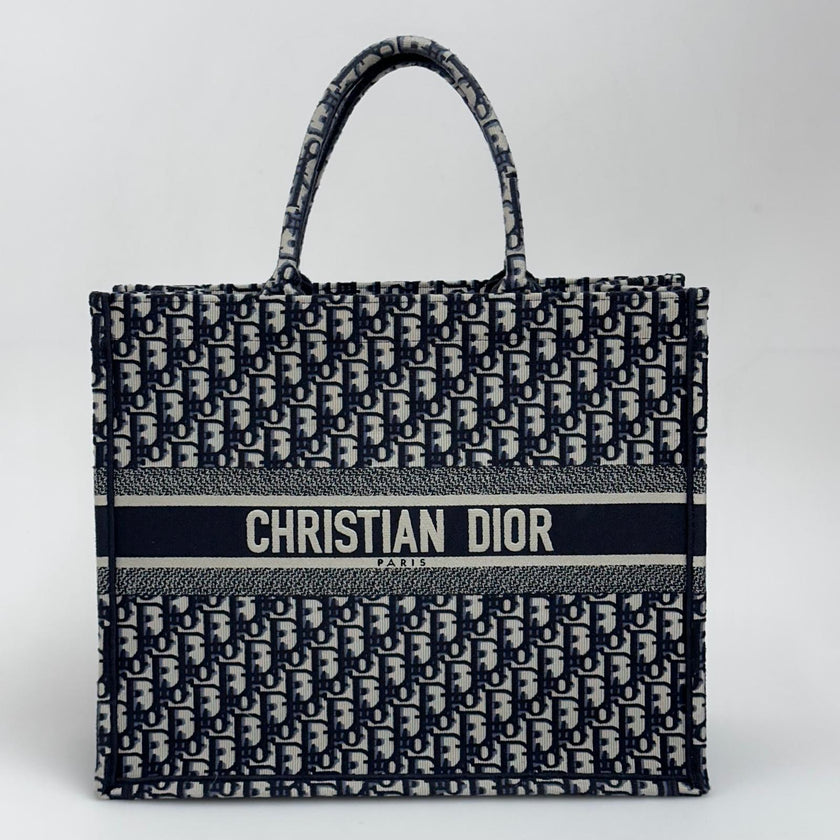 Christian Dior Borsa Book Tote Oblique Grande in Tela Blu Navy