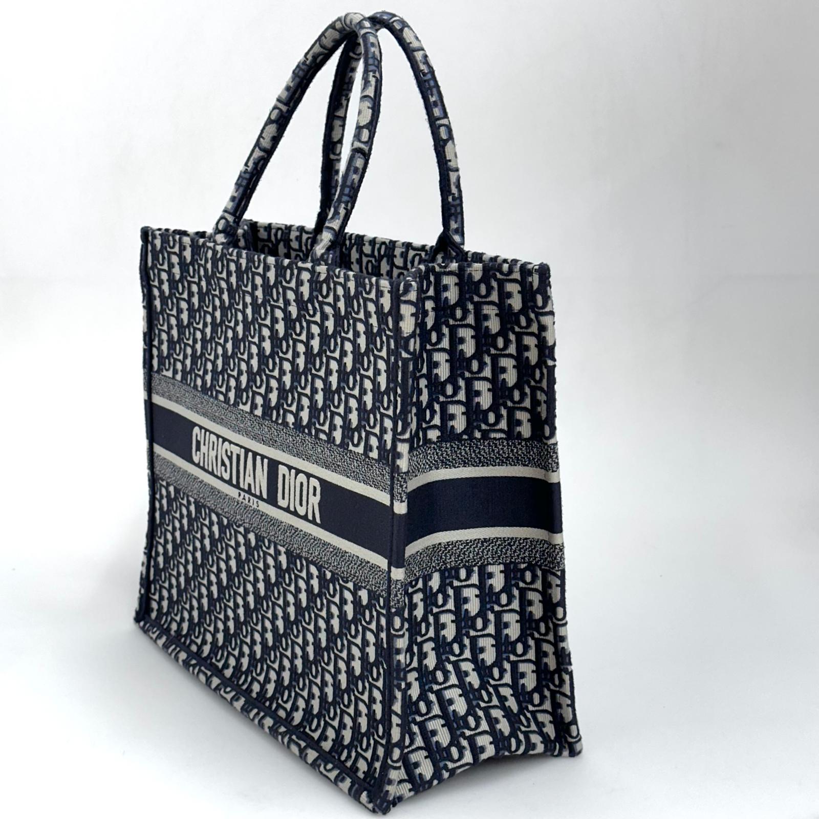 Christian Dior Borsa Book Tote Oblique Grande in Tela Blu Navy
