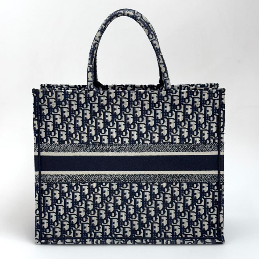 Christian Dior Borsa Book Tote Oblique Grande in Tela Blu Navy