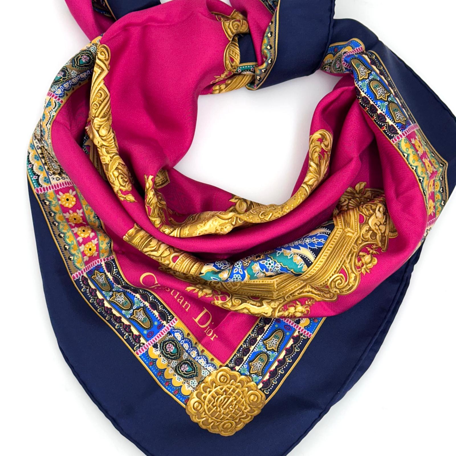 Christian Dior Foulard Vintage in Seta Fucsia e Blu Navy