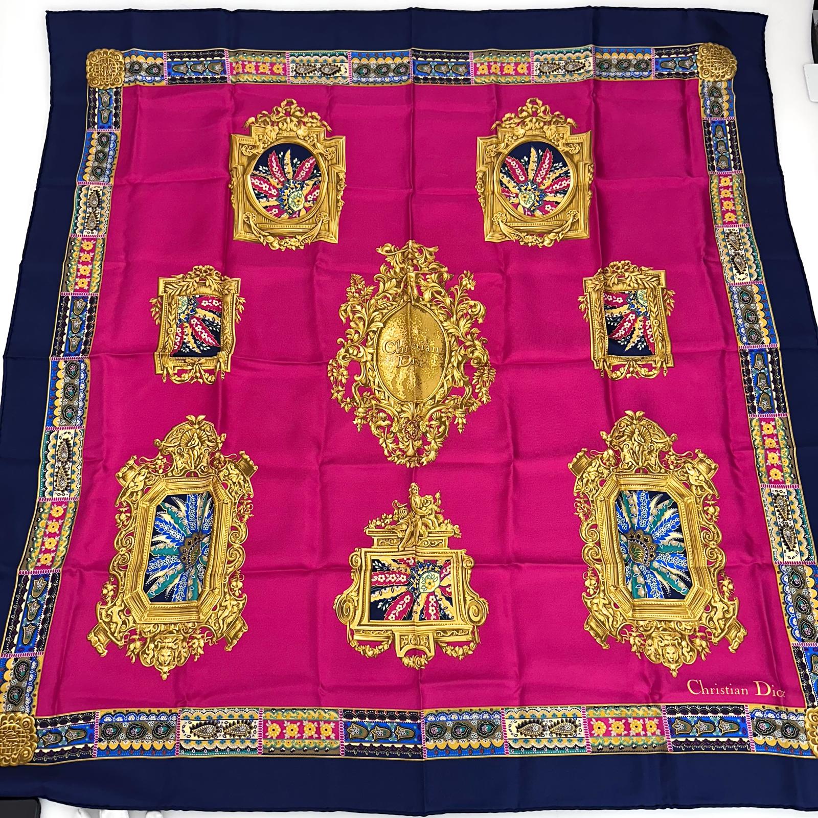 Christian Dior Foulard Vintage in Seta Fucsia e Blu Navy