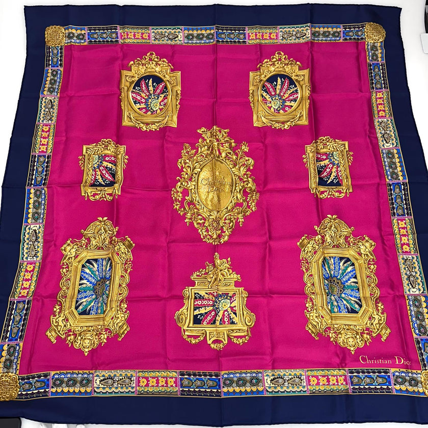 Christian Dior Foulard Vintage in Seta Fucsia e Blu Navy