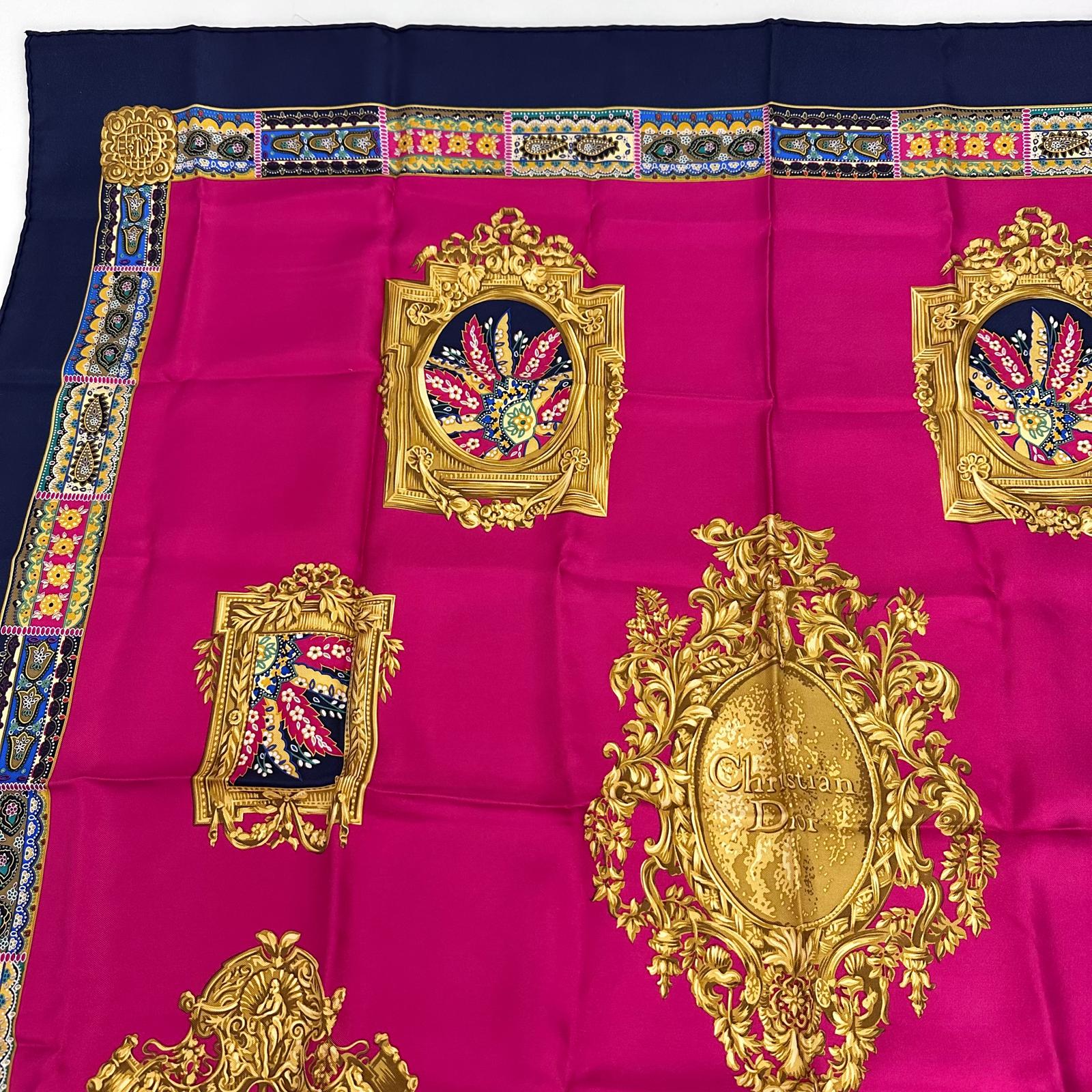 Christian Dior Foulard Vintage in Seta Fucsia e Blu Navy