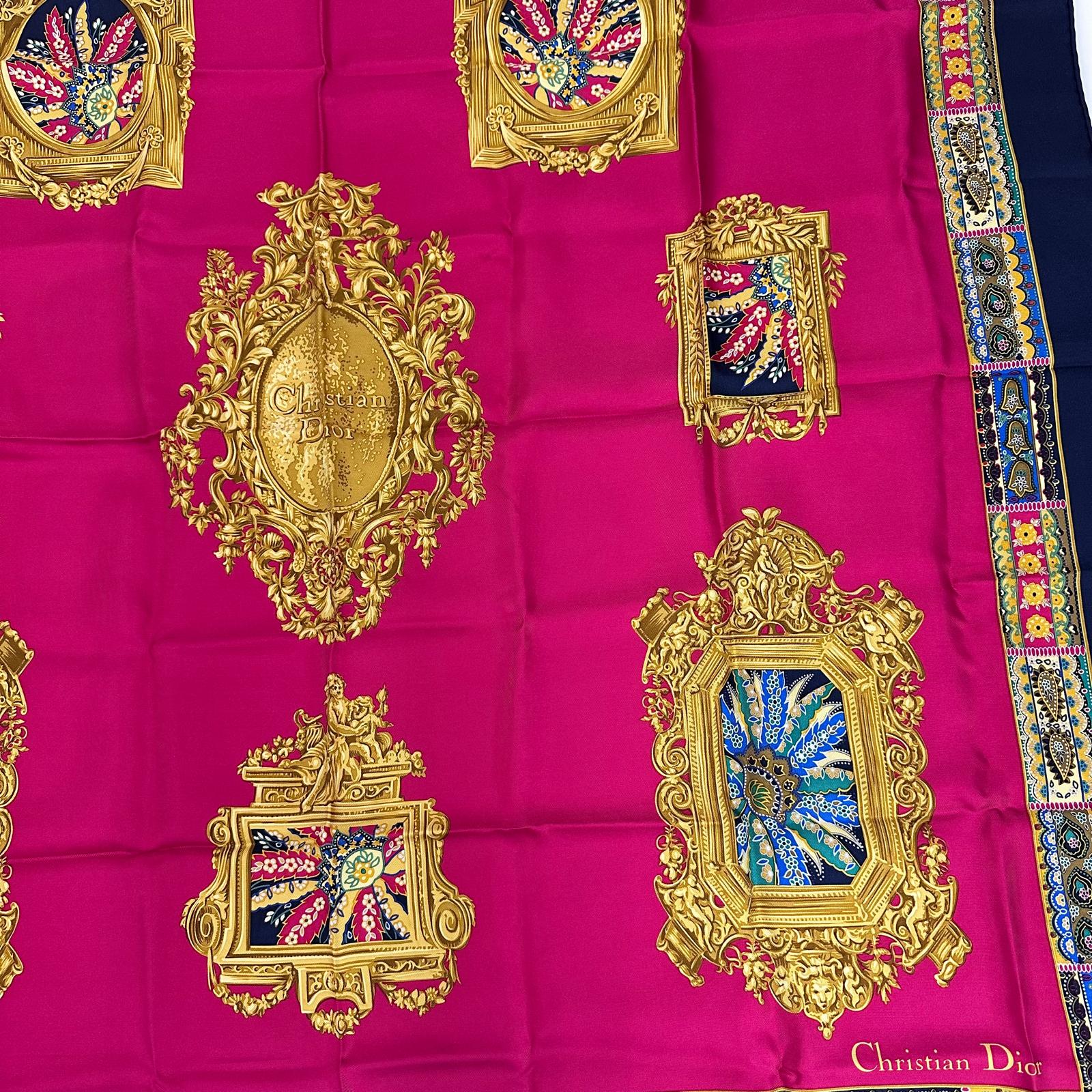 Christian Dior Foulard Vintage in Seta Fucsia e Blu Navy