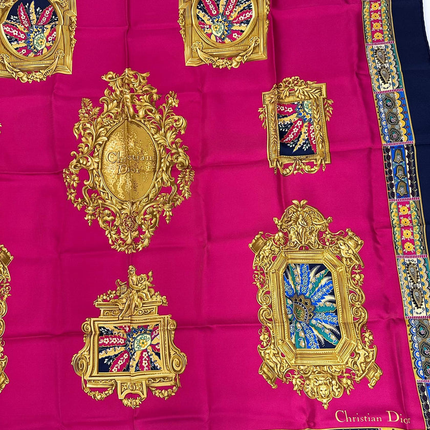 Christian Dior Foulard Vintage in Seta Fucsia e Blu Navy