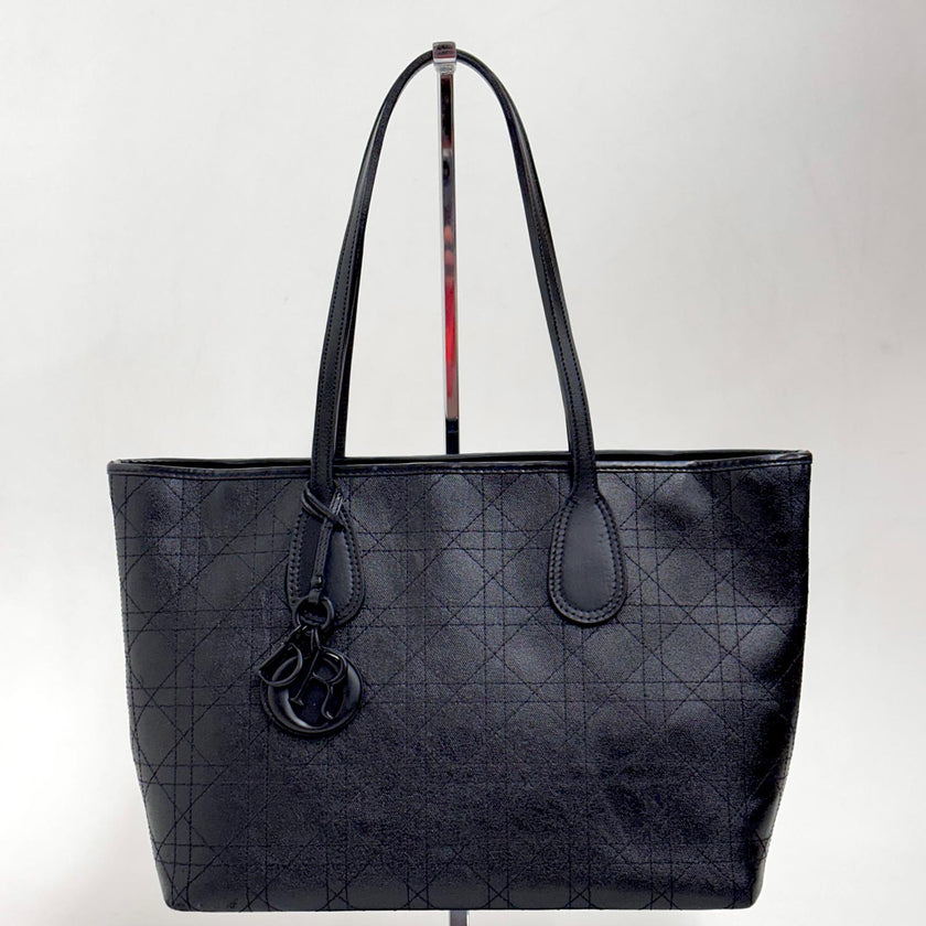 Christian Dior Panarea Tote in Tela Rivestita Cannage Nera Tono su Tono