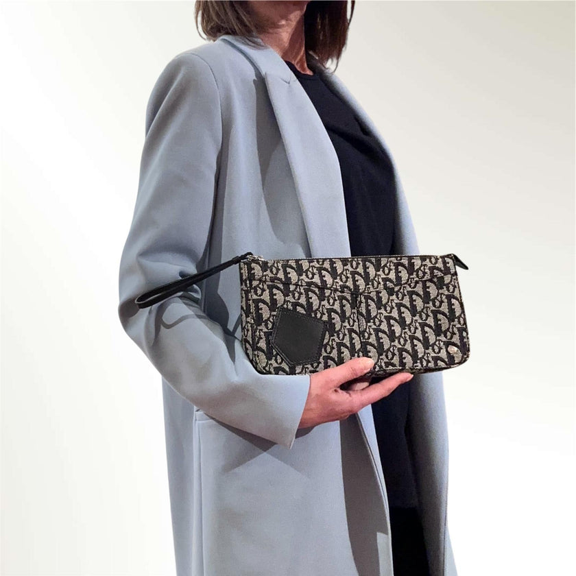 Christian Dior Pochette Trotter in Tela Monogram Blu e Pelle Nera