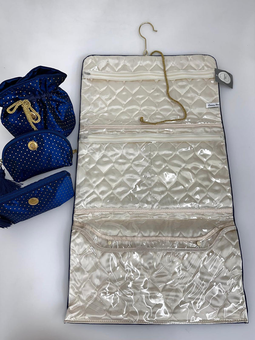 Christian Dior Set da Viaggio Vintage in Raso Blu Navy inutilizzato